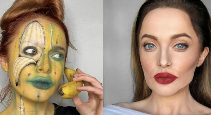 Dziewczyna za pomocą makijażu zamienia się w dowolną celebrytę lub tworzy iluzje optyczne